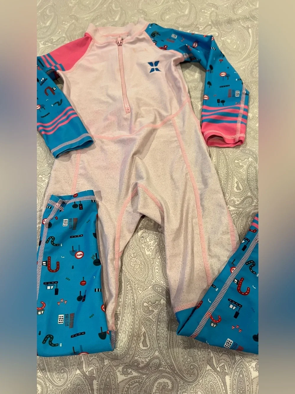 X-Manta Girl ‘s One-Piece Rashguard Swimsuit - Pink & Blue 10x30” fits 4T used